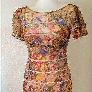 Free People Size 4 Earth Tones Flowered Lightweight Sheer Long Dress & Slip